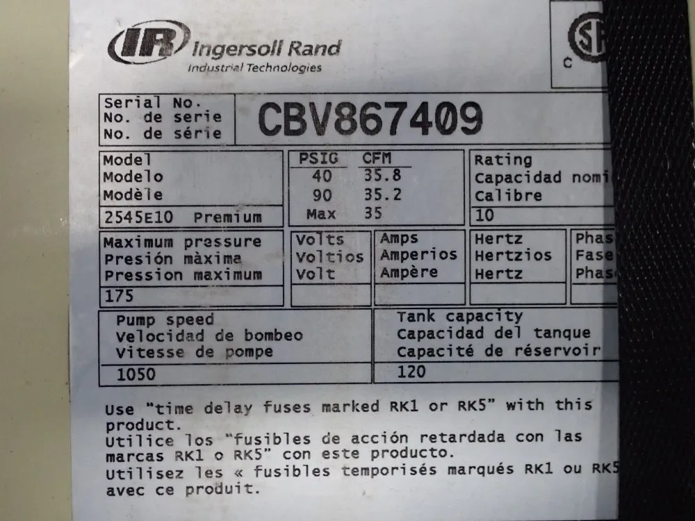 Ingersoll Rand 10 Hp Air Compressor - 2545e10