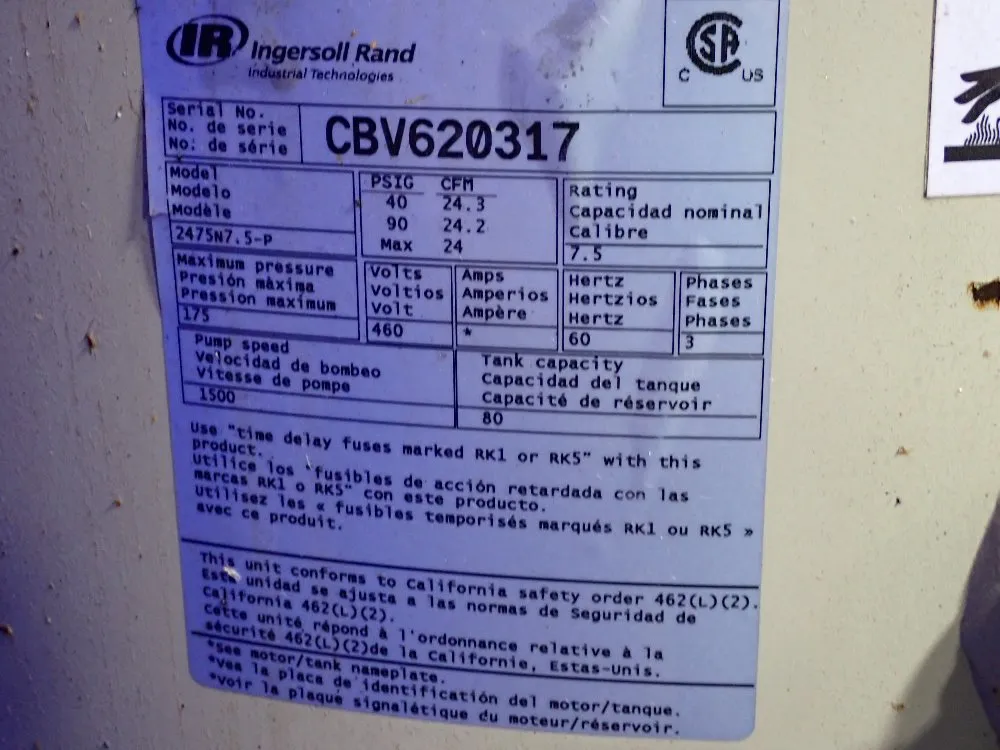 Ingersoll Rand 7.5 Hp Air Compressor - 2475n7.5-p