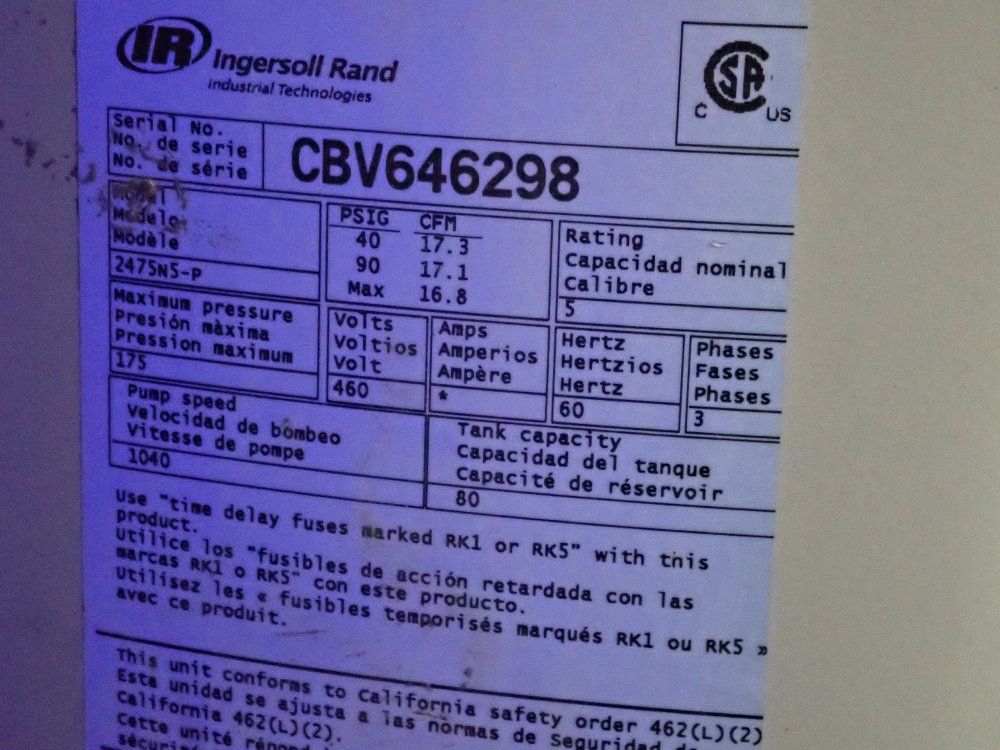 Ingersoll Rand 5 Hp Air Compressor - 2475n5-p