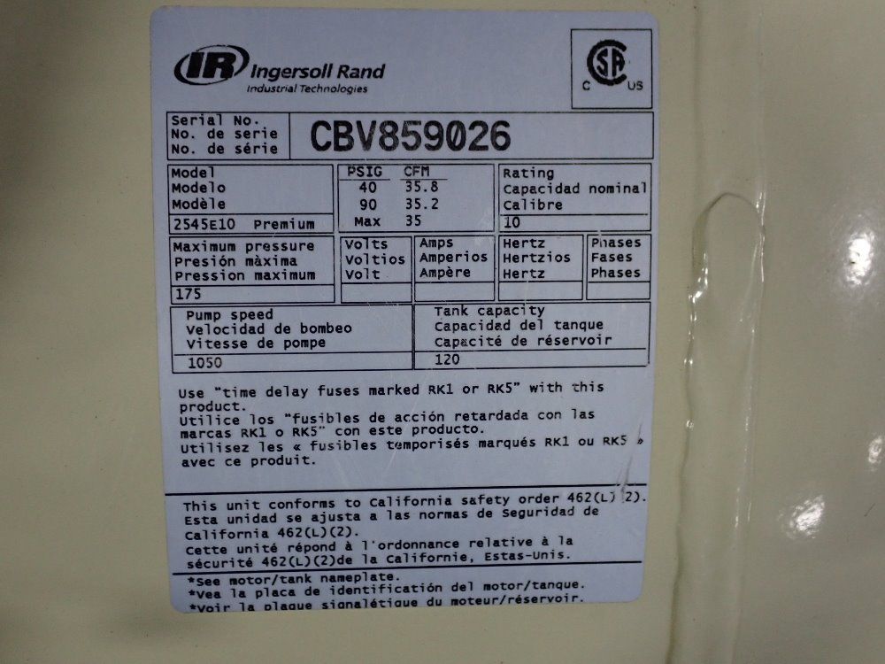 Ingersoll Rand 10 Hp Air Compressor - 2545e10