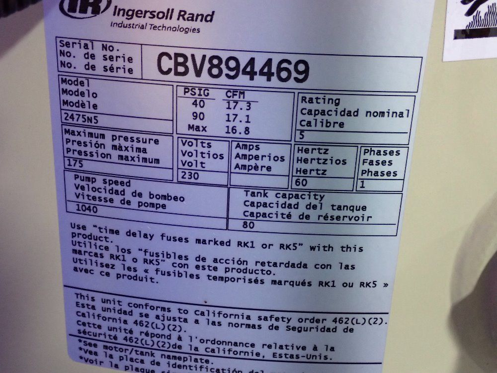 Ingersoll Rand 5 Hp Air Compressor - 2475n5