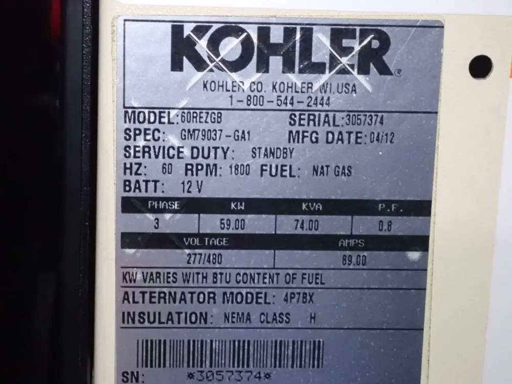 Kohler 59 Kw Generator - 60rezgb