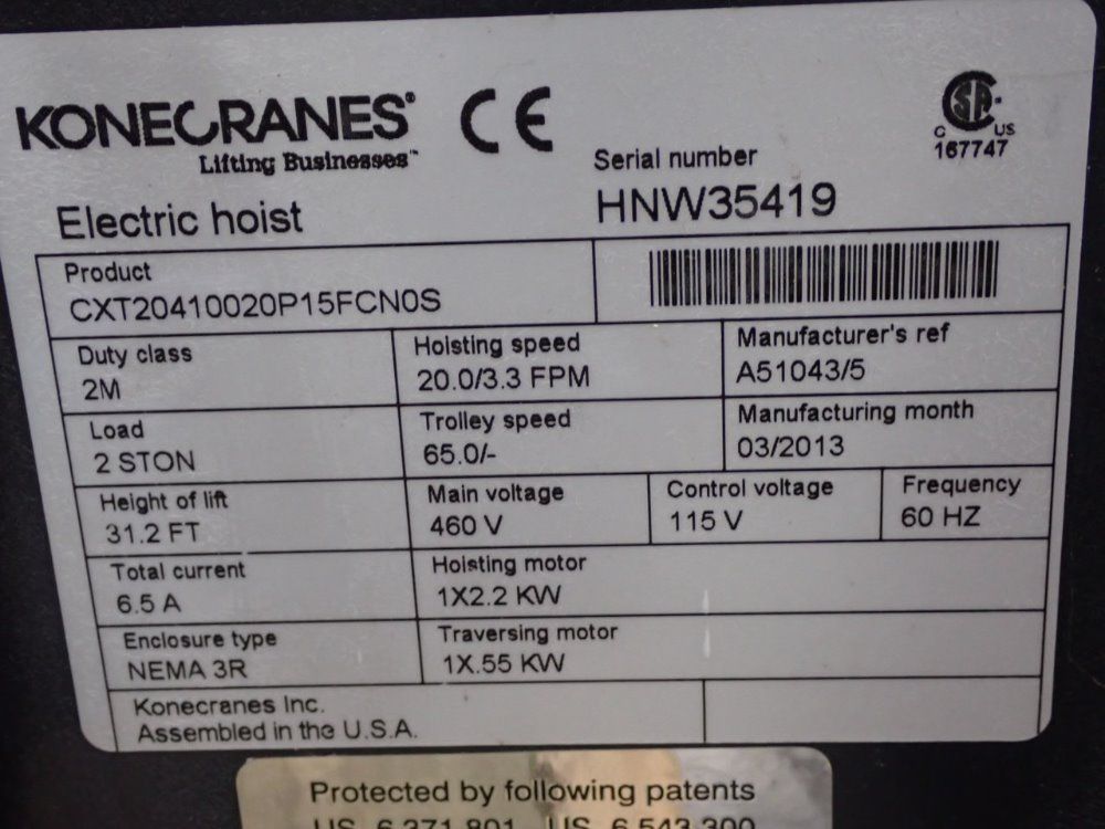 Konecranes 2 Tons Electric Hoist - Cxt20410020p15fcnos