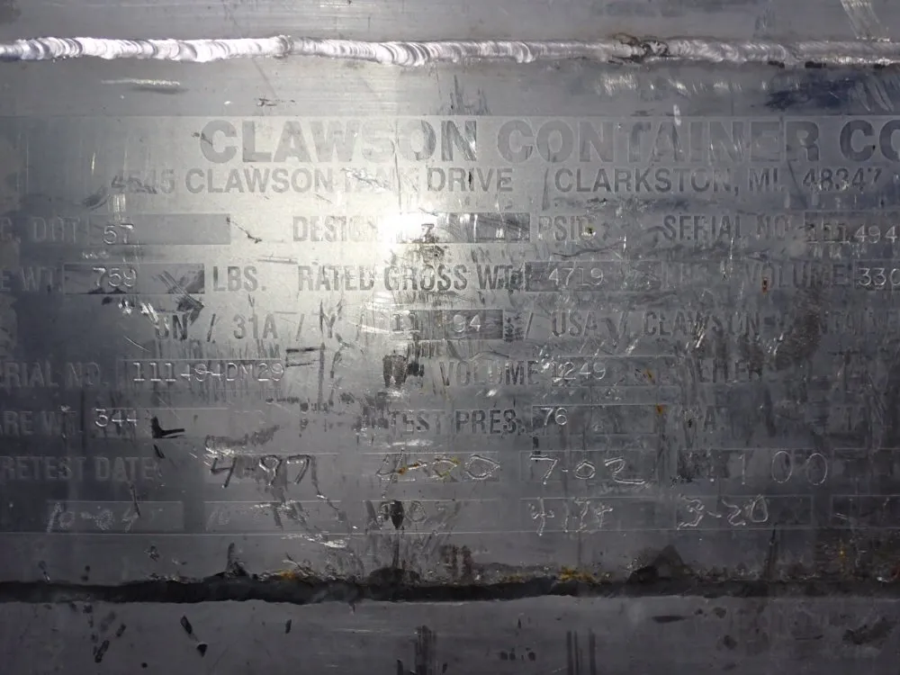 Clawson Container Company 330 Gallon Stainless Steel 330 Gal. Ibc Tank