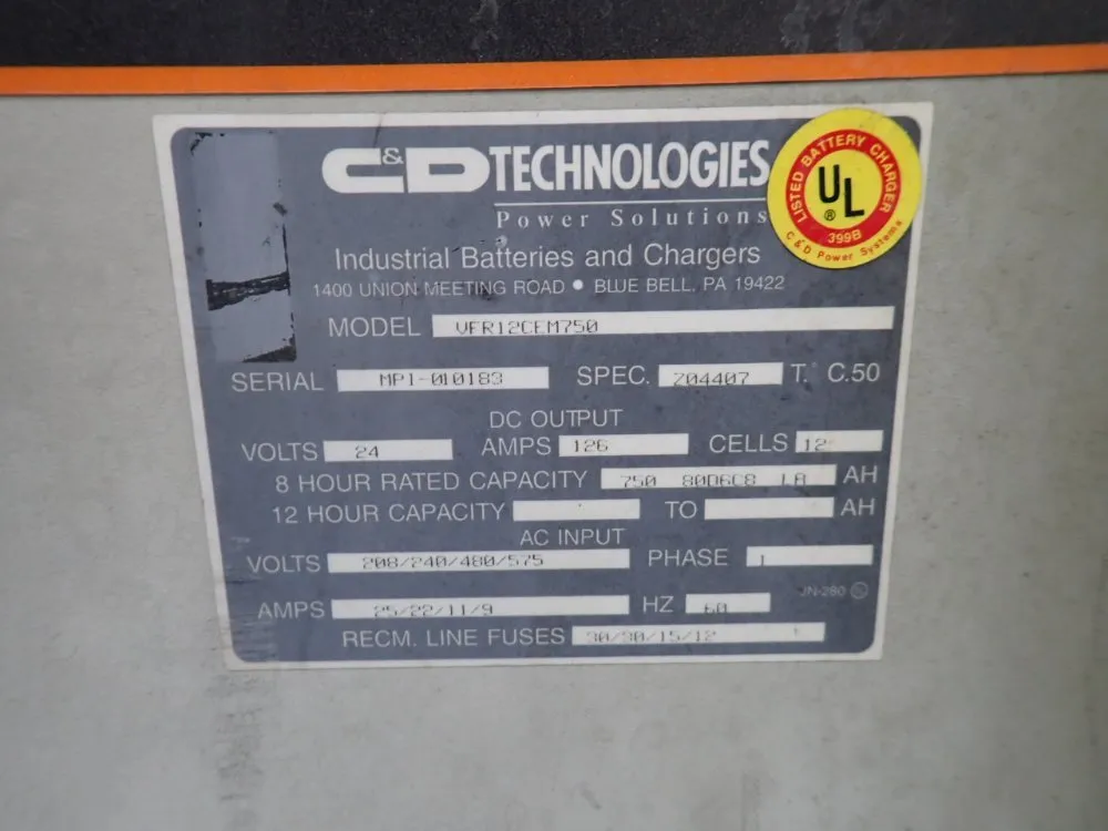 C & D Technologies 750 Ah Battery Charger - Vfr12cem750