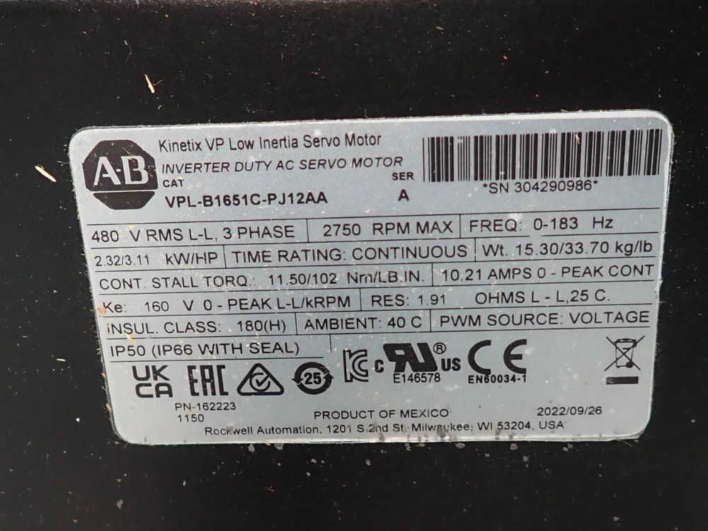 Allen Bradley 2.32 Kw Ac Servo Motor - Vpl-b1651c-pj12aa