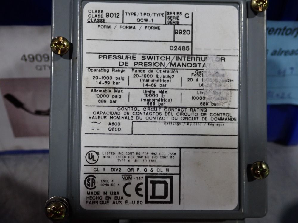 Square D Pressure Switch - 9012gcw-1