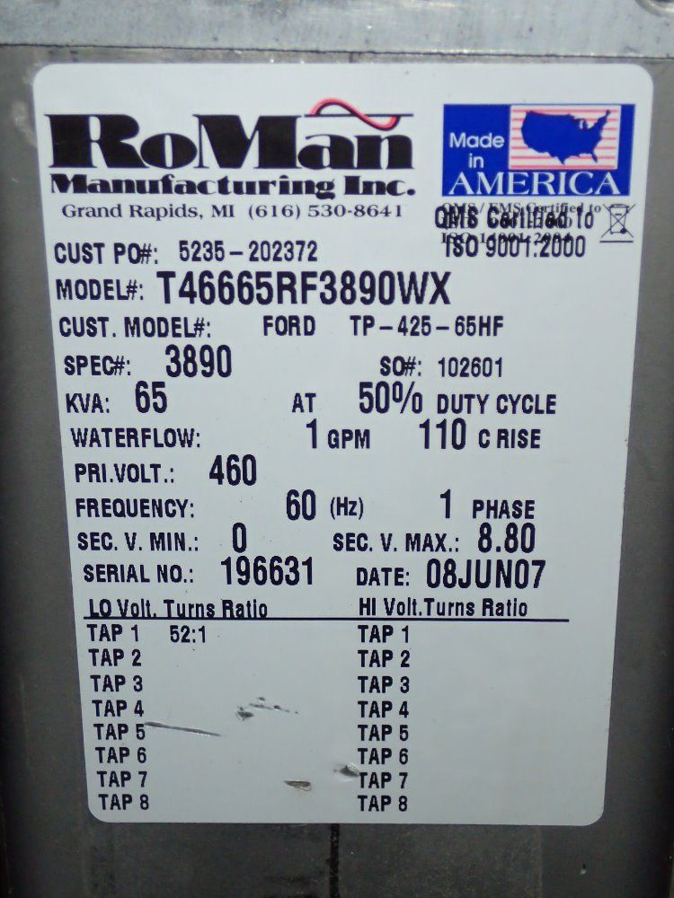 Roman Mfg. Inc. Welding Transformer
