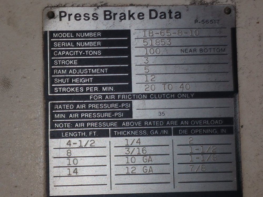 Niagara 120" X 100 Ton Ib-65-8-10 Press Brake - Ib-65-8-10