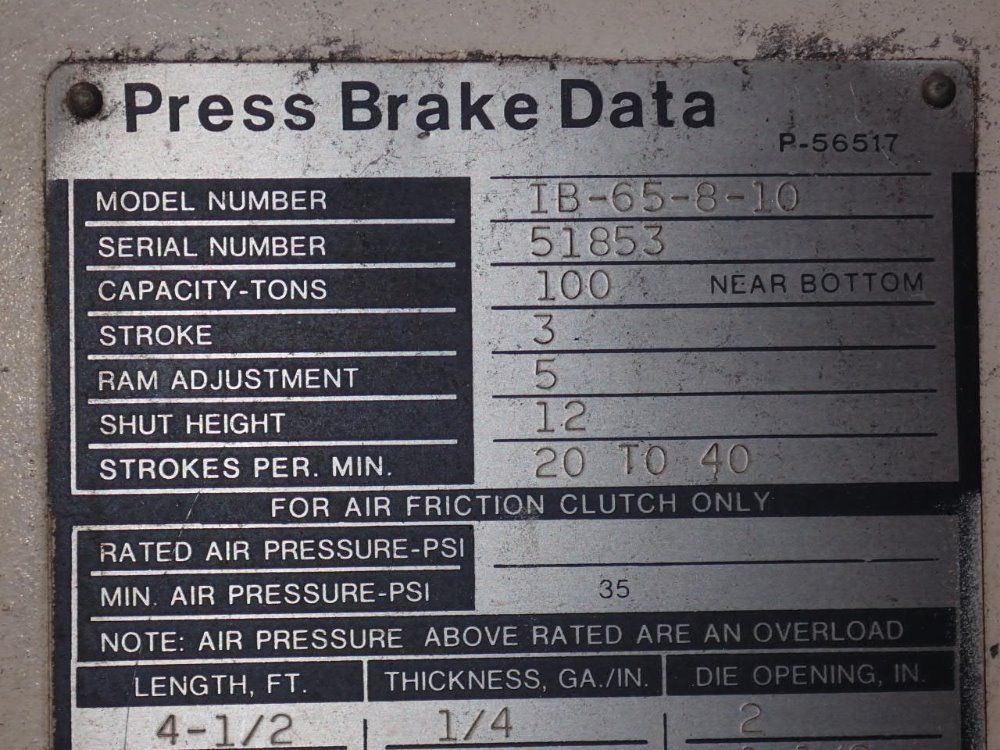 Niagara 120" X 100 Ton Ib-65-8-10 Press Brake - Ib-65-8-10