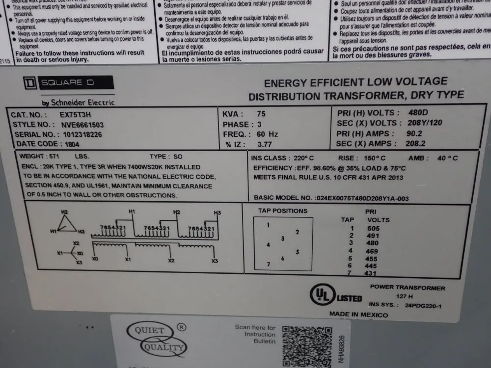 Square D 75 Kva Ex75t3h Transformer - Ex75t3h