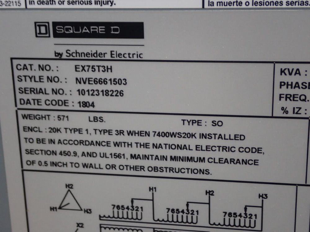 Square D 75 Kva Ex75t3h Transformer - Ex75t3h