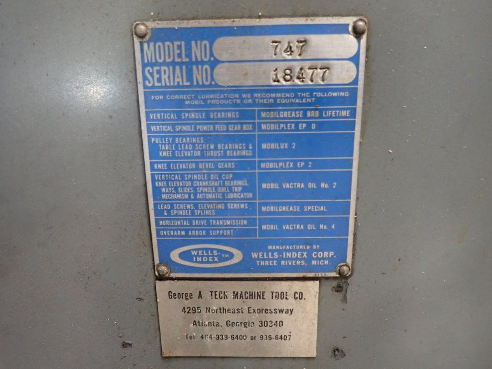 Wells Index 1hp/1.6a Vertical Milling Machine - 747