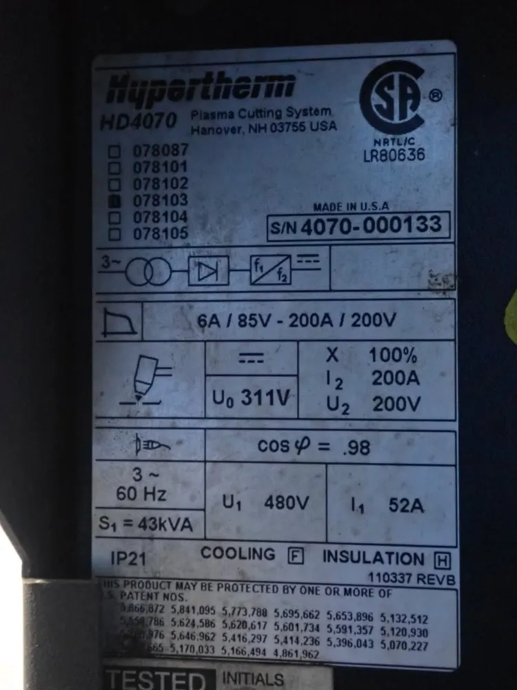 Hypertherm 200 Amp Hd4070 Plasma Cutting System - Hd4070