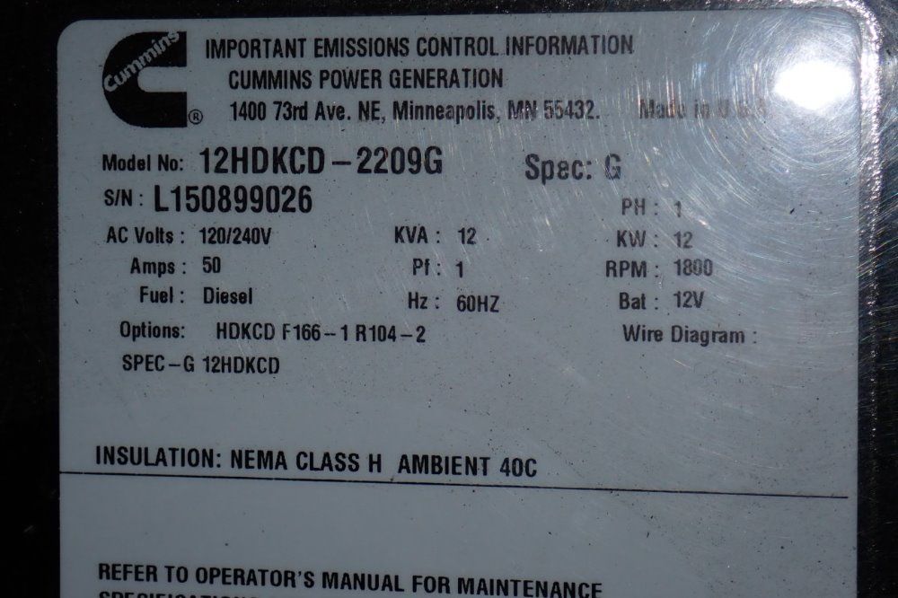 Cummins Onan 12kw Generator - Commercial Qd/12hdkcd-2209g