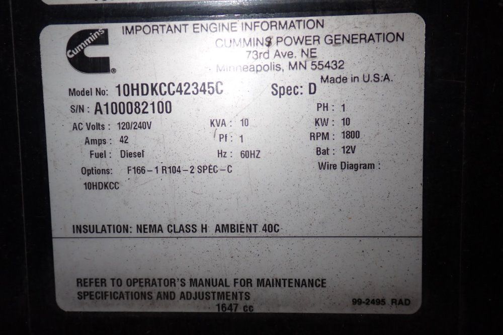 Cummins Onan 10kw Generator - Commercial Qd/10hdkcc42345c