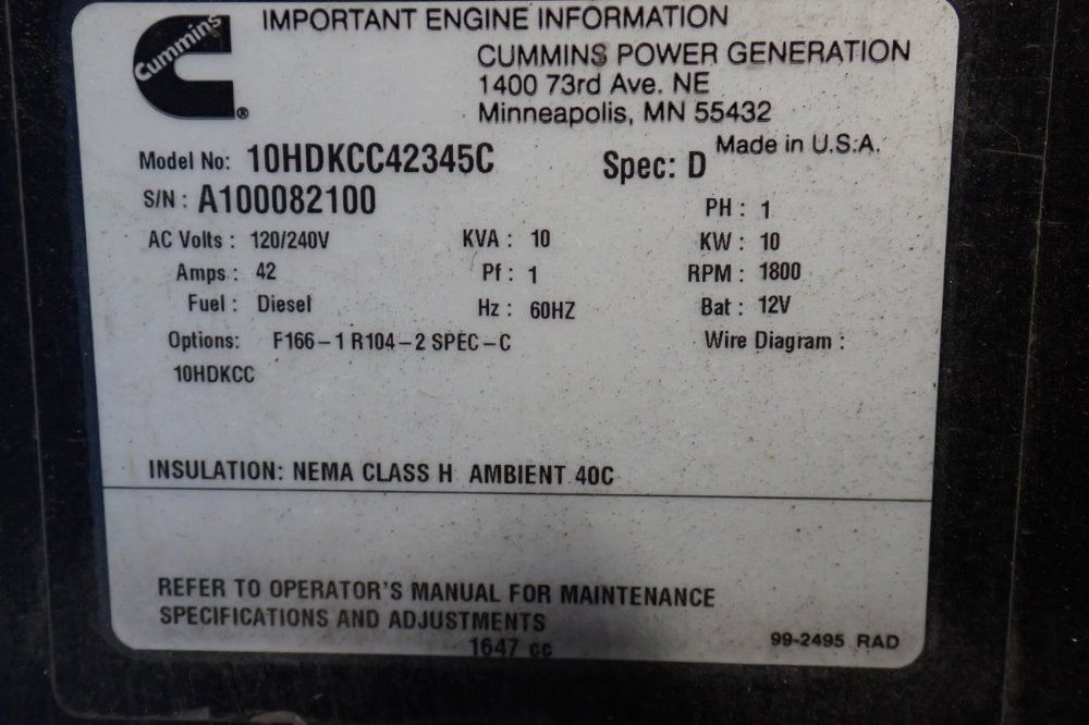Cummins Onan 10kw Generator - Commercial Qd/10hdkcc42345c