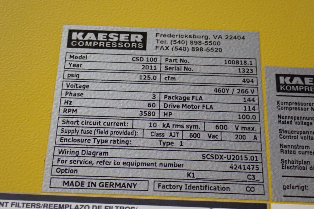 Kaeser 100 Hp Csd100 Air Compressor - Csd100