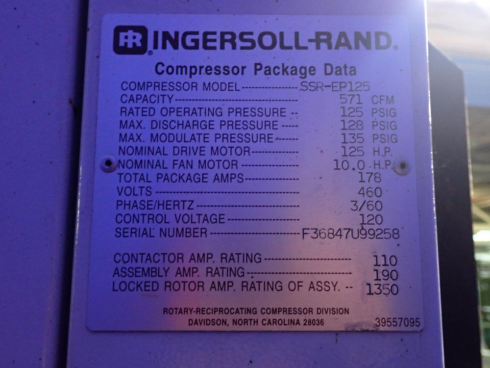 Ingersoll Rand 125 Hp Air Compressor - Ssr-ep125