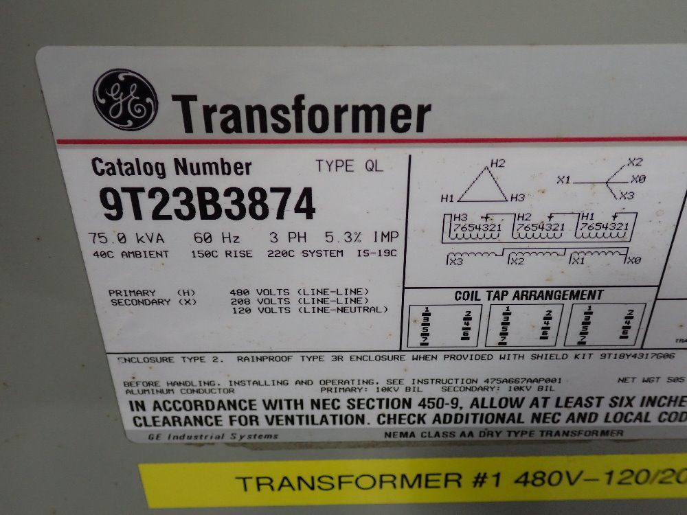 General Electric 75 Kva Transformer - 9t23b3874