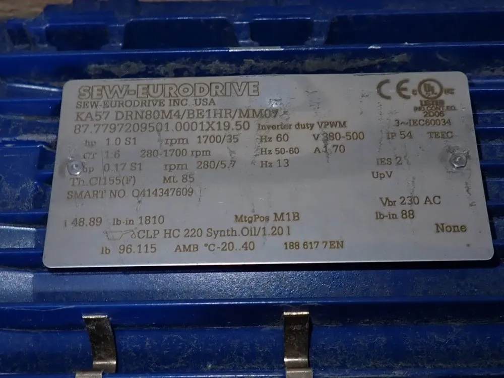 Sew Eurodrive 1 Hp Gear Drive - Ka57 Drn80m4/be1hr/mm07