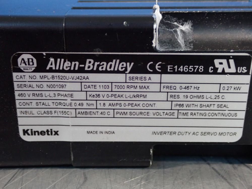 Allen Bradley Low Inertia Servo Motor - Mpl-b1520u-vj72aa