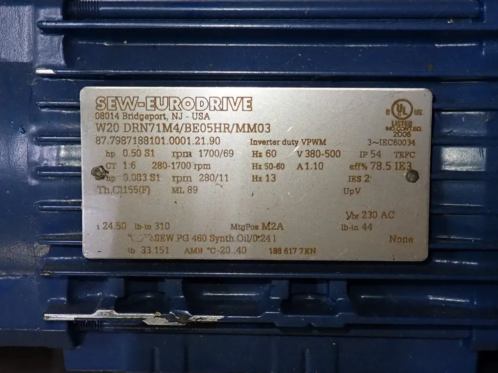 Sew Eurodrive 0.50 Hp Gear Drive - W20drn71m4/be05hr/mm03