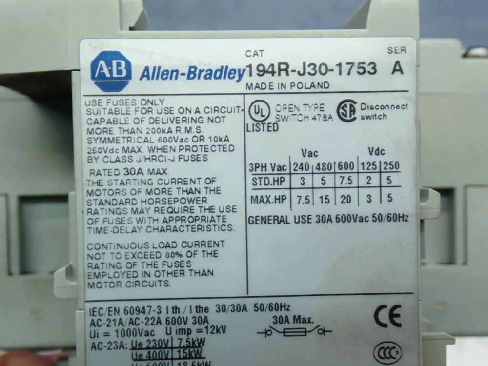 Allen Bradley Fused Disconnect Switch - 194r-j30-1753