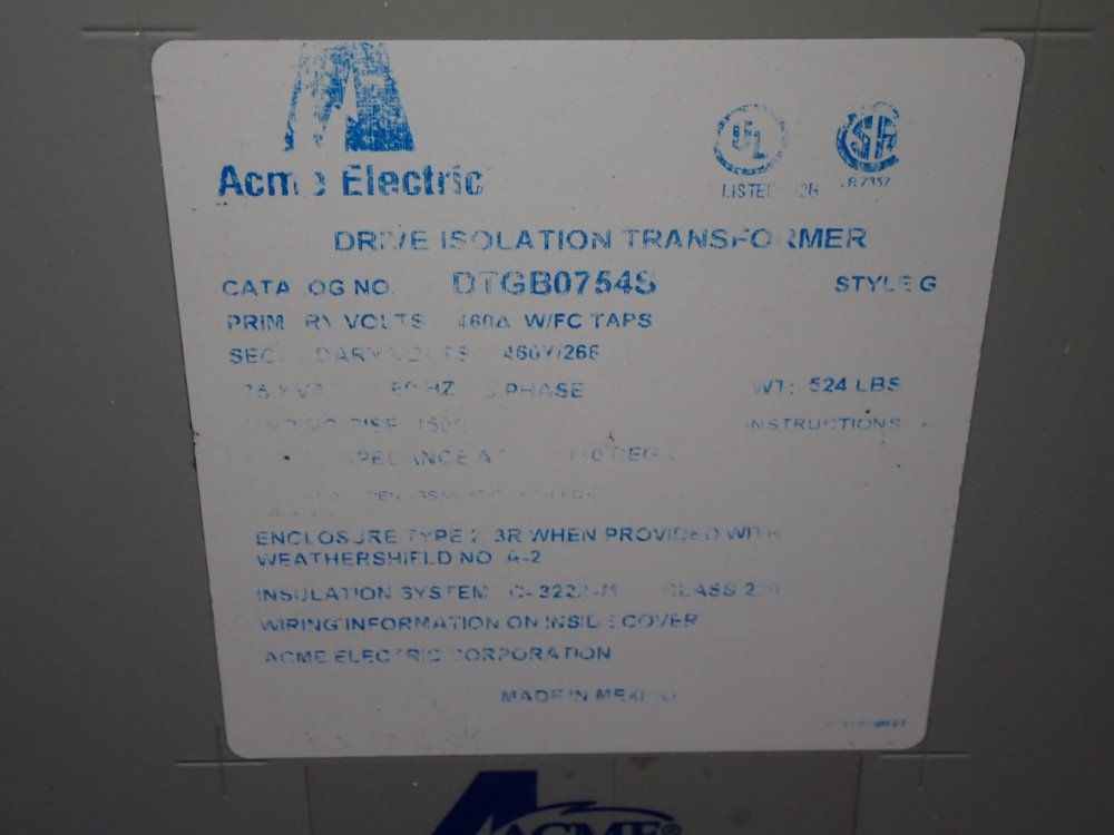 Acme Electric 75 Kva Transformer - Dtgb0754s