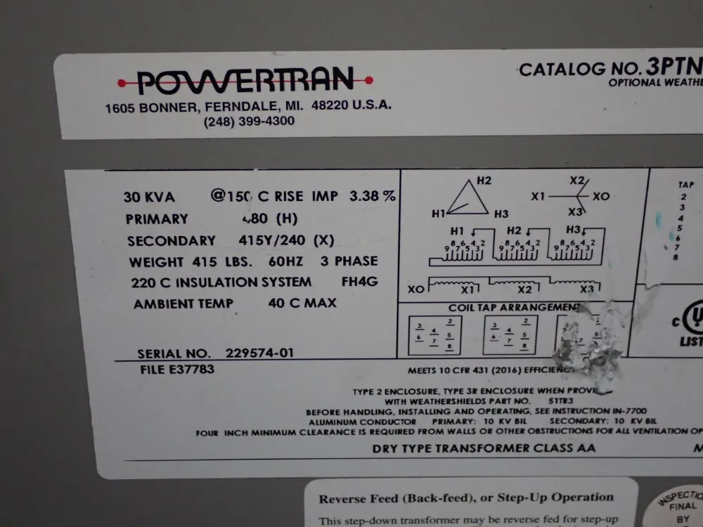 Powertran 30 Kva Transformer - 3ptn578-30k-e2