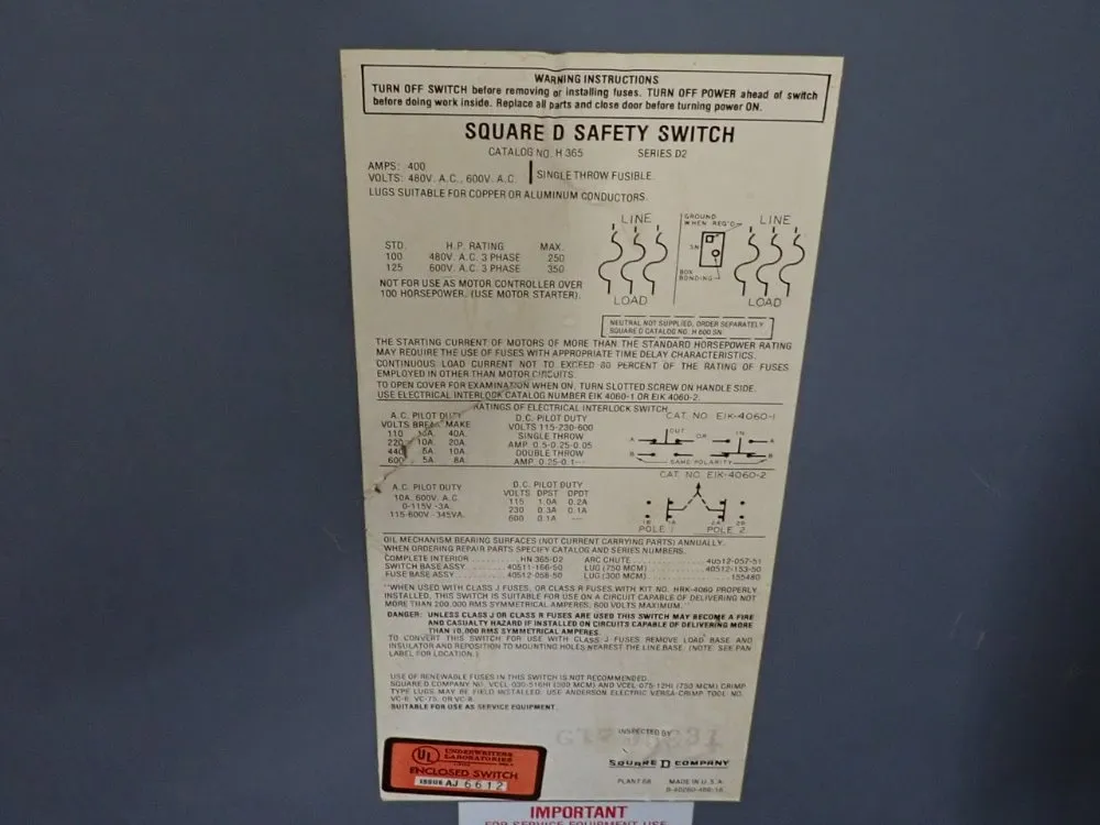 Square D 400 Amp Fusible Disconnect - H365