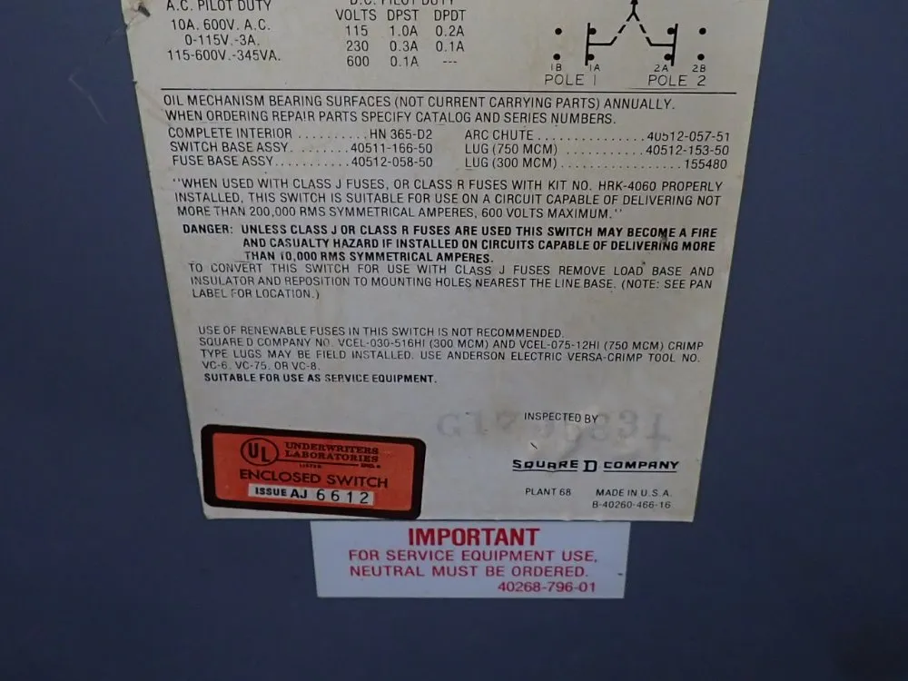 Square D 400 Amp Fusible Disconnect - H365