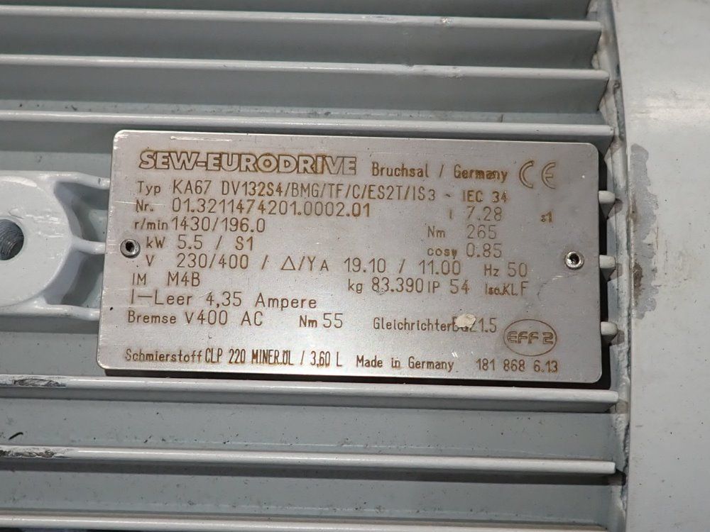 Sew Eurodrive 5.5 Kw Gear Drive - Ka67dv132s4/bmg/tf/c/es2t/is