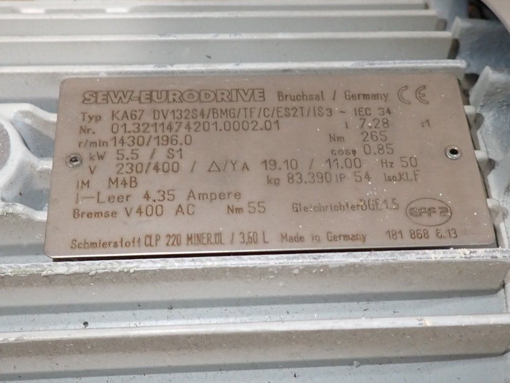 Sew Eurodrive 5.5 Kw Gear Drive - Ka67dv132s4/bmg/tf/c/es2t/is