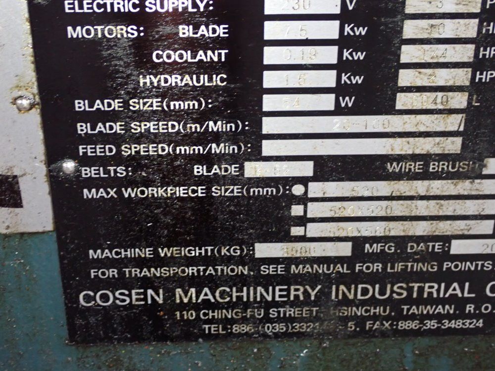 Cosen Machinery 23" X 34" Horizontal Band Saw - C-520nc