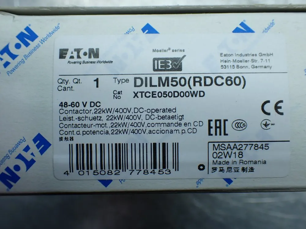 Eaton Dilm50(rdc60) Contactor - Xtce050d00wd
