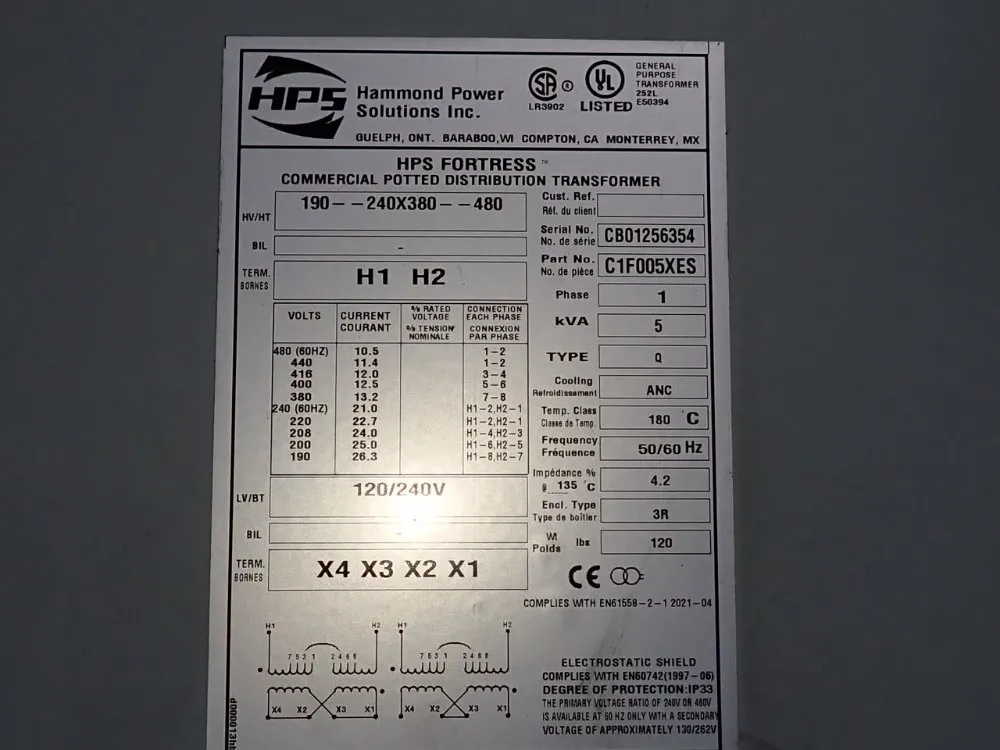 Hammond Power Solutions Inc 5 Kva Transformer - C1f005xes