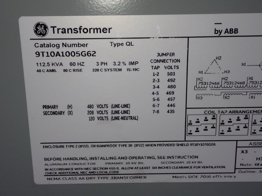 General Electric 112.5 Kva Transformer - 9t10a1005g62