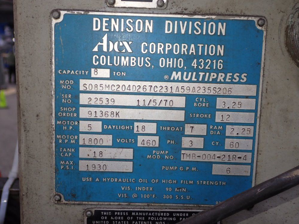 Denison Division 8 Ton Hydraulic Press - S085mc204d267c231a235s206