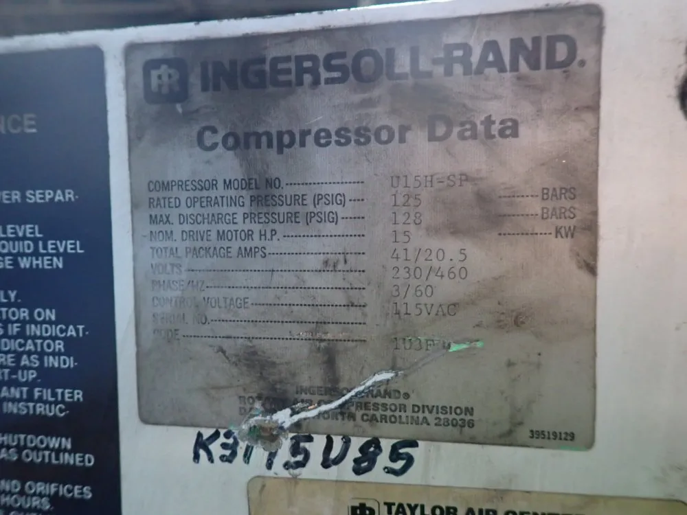 Ingersoll-rand 15 Hp Air Compressor - U15h-5p
