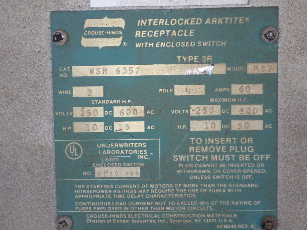 Crouse Hinds Electrical Switch - Wsr 6352