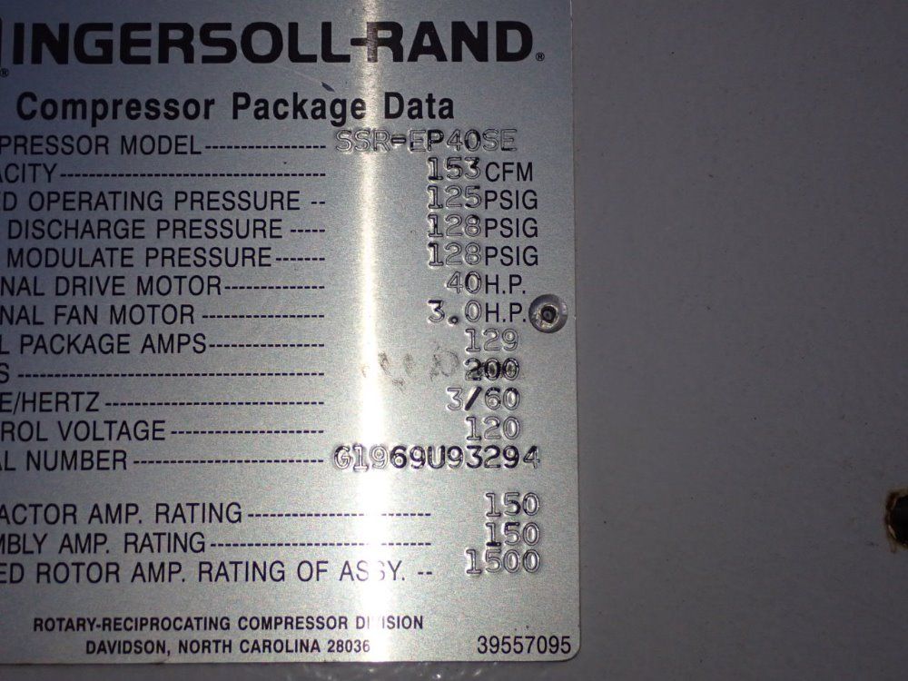 Ingersoll Rand 40 Hp Air Compressor - Ssr-ep40se