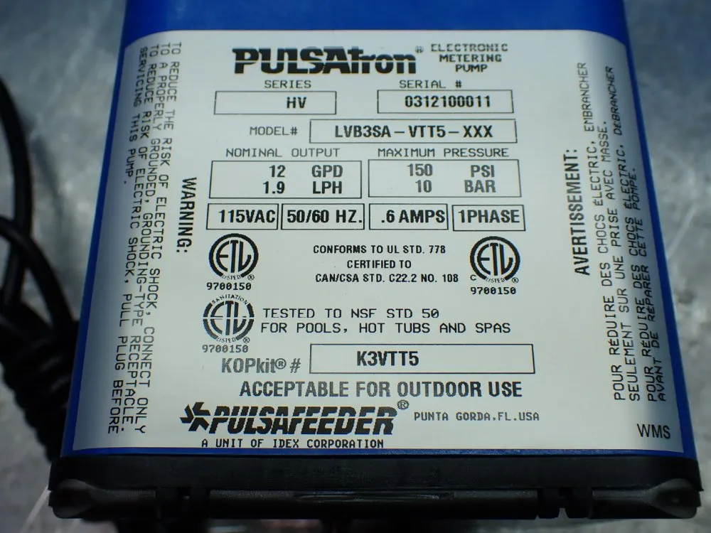 Pulsafeeder 1.9lph 150psi Metering Pump - Lvb3sa-vtt5-xxx