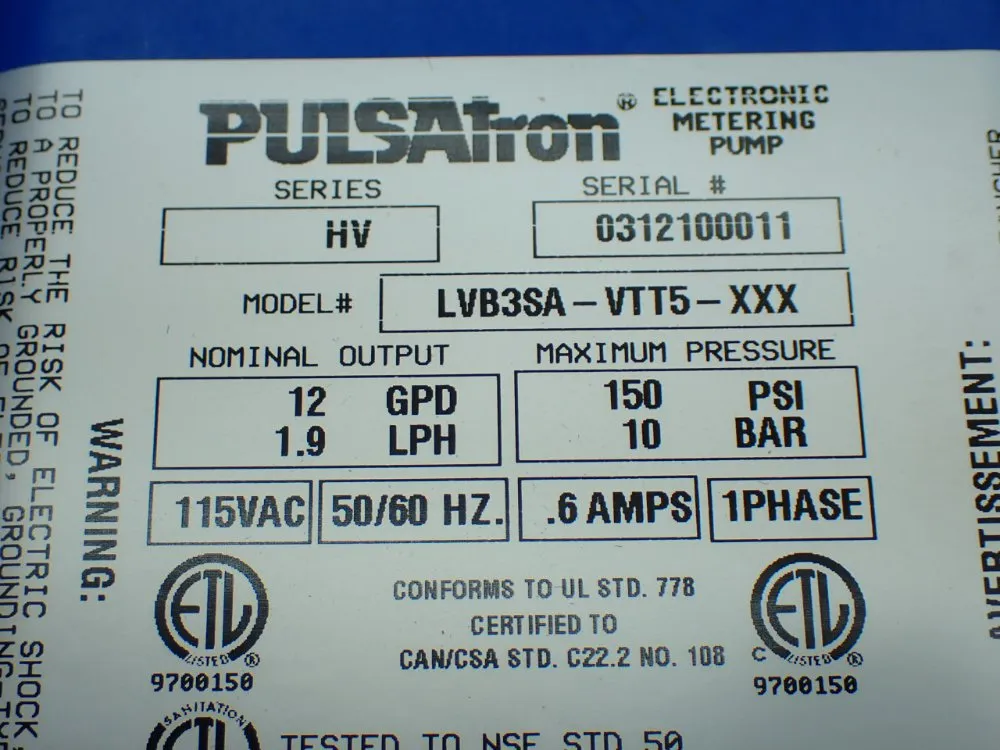 Pulsafeeder 1.9lph 150psi Metering Pump - Lvb3sa-vtt5-xxx