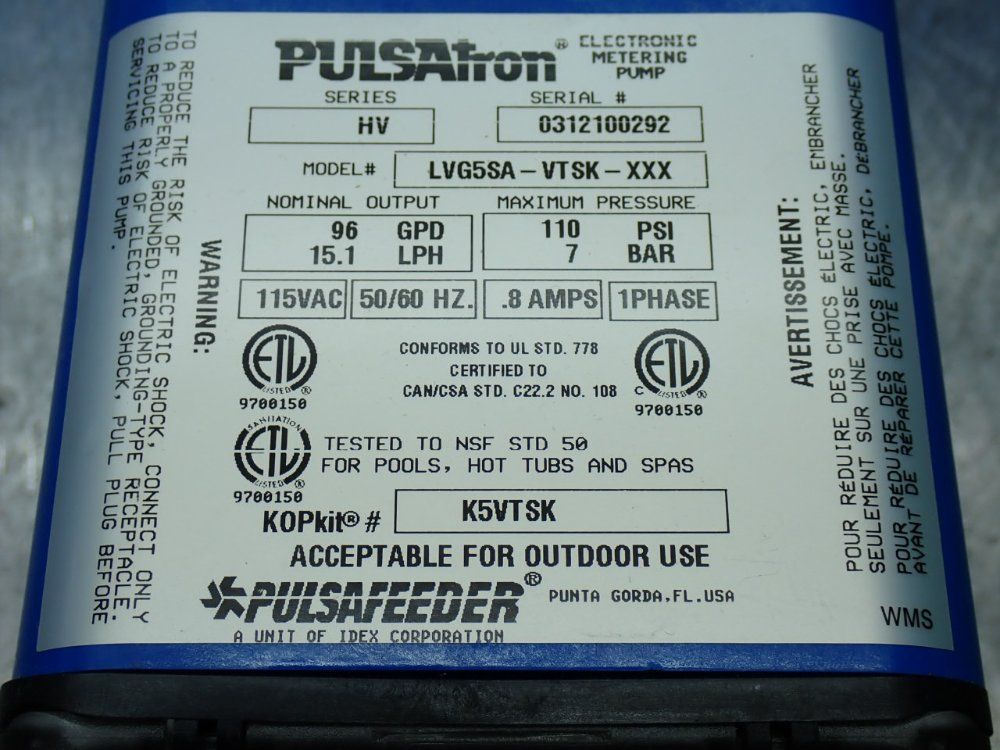 Pulsafeeder 96 Gpd 15.1 Lph Metering Pump - Lvg5sa-vtsk-xxx