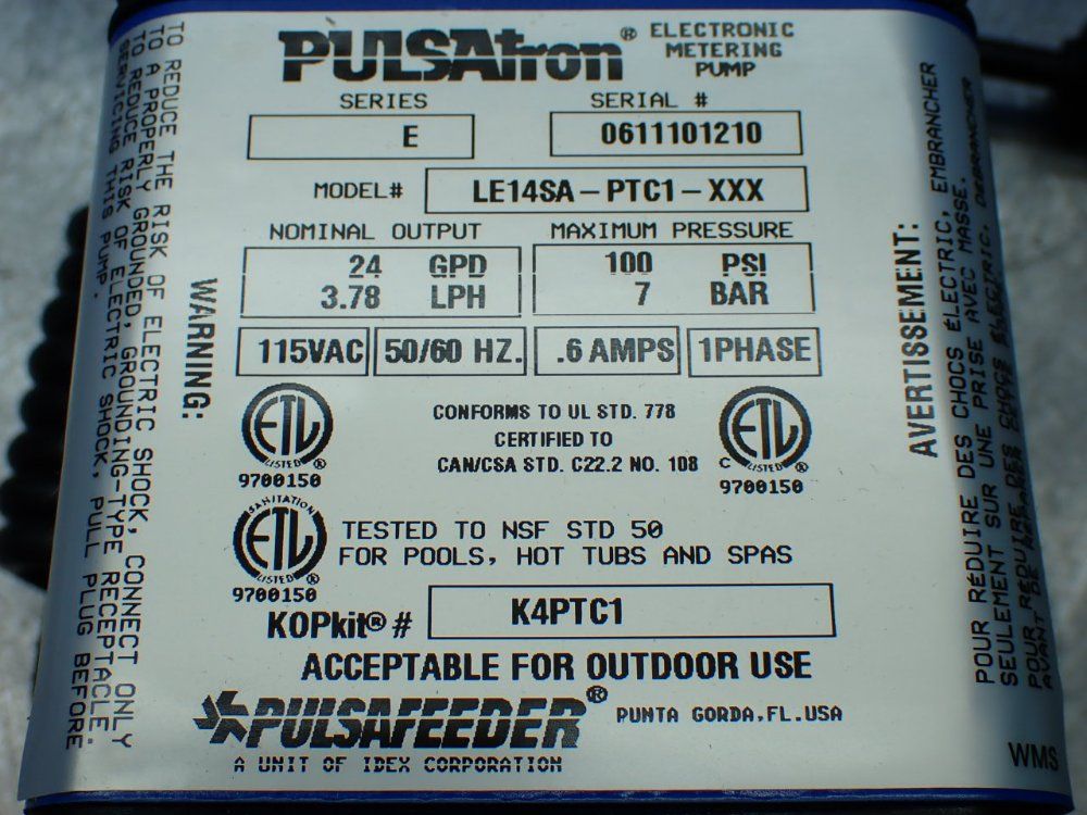 Pulsafeeder 24gpd 3.78lph Metering Pump - Le14sa-ptc1-xxx