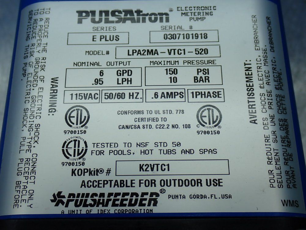 Pulsafeeder 6gpd 0.95lph Metering Pump - Lpa2ma-vtc1-520