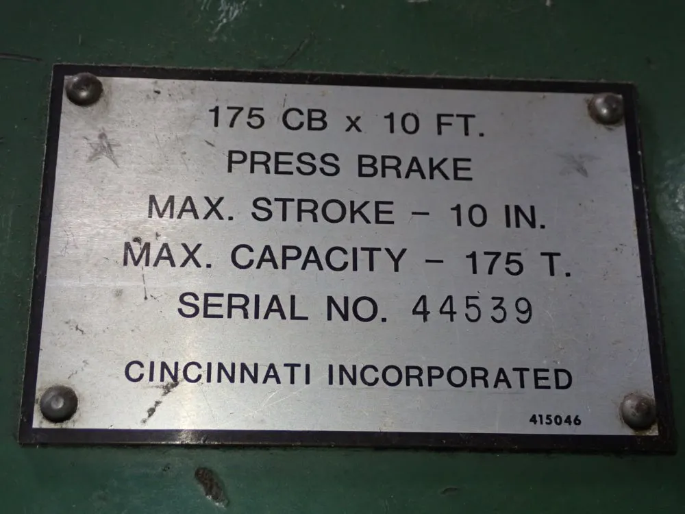 Cincinnati 175 Ton X 143 3/4" Press Brake - 175 Cb X 10 Ft