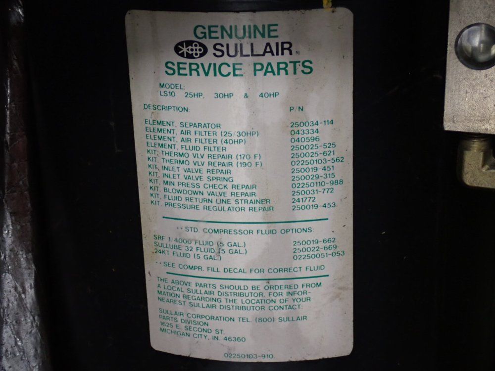 Sullair 30 Hp Air Compressor - Ls10a-30l/a/sul