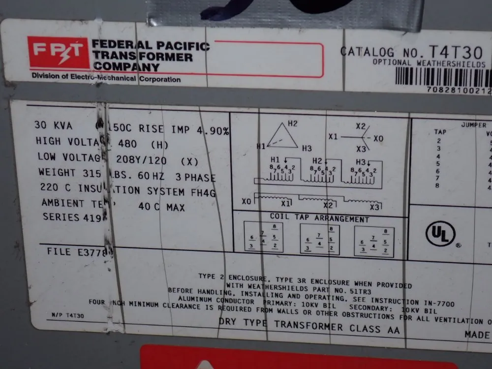 Federal Pacific 30 Kva Transformer - T4t30
